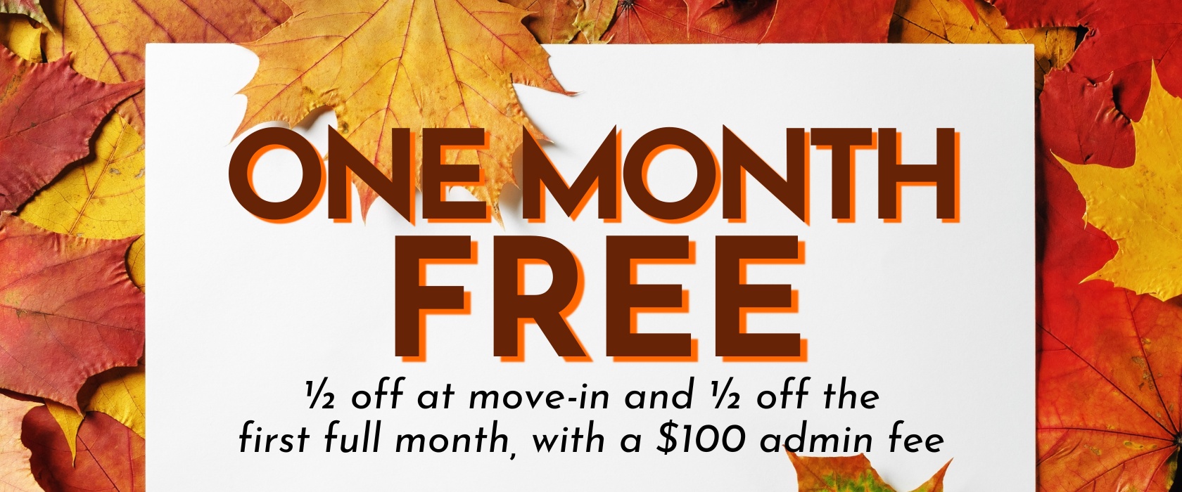 One Month Free ½ off at move-in and ½ off the first full month, with a $100 admin fee